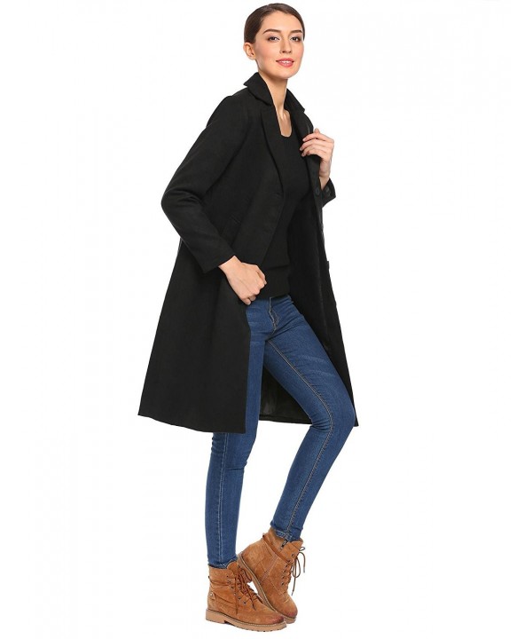 Women Lapel Button Down Knee Length Winter Long Trench Coat - Black ...