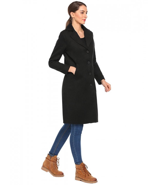 Women Lapel Button Down Knee Length Winter Long Trench Coat - Black ...