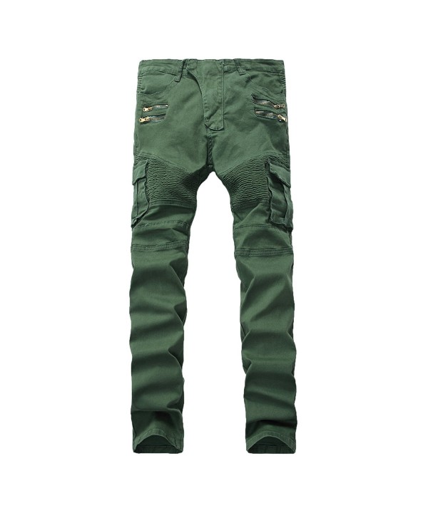 Men's Sretch Wrinkled Biker Jeans With Multi-Pocket - Army Green ...