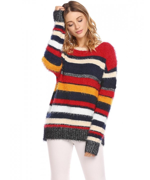 Women's Casual Mohair Relaxed Fit Round Neck Color Block Striped Jersey ...