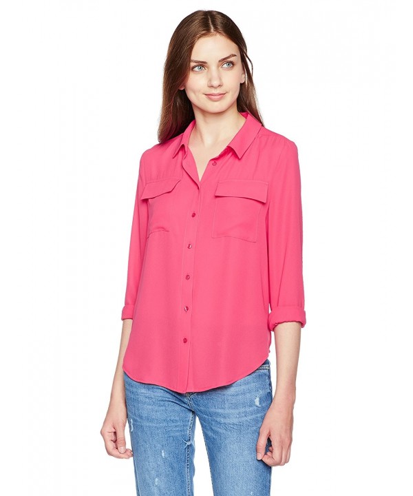 Women's Silky Crepe Button Down Long-Sleeve Shirt - Fuchsia - CC184SC39I7