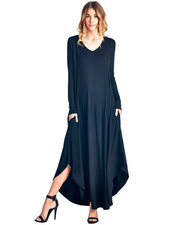 Curved Hem V-Neck Long Sleeve Maxi Dress (S-XXXL) - Made In USA - Black ...