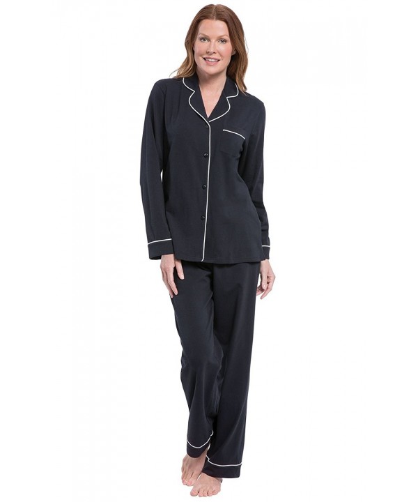 Women's Long Sleeve Pajamas Boyfriend Top 2 Piece Cotton PJ Set - Black ...