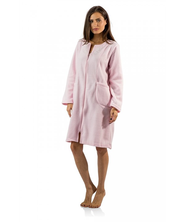 Women's Long Sleeve Zip Up Front Short Fleece Robe - Pink - CJ12O3KBSQ3