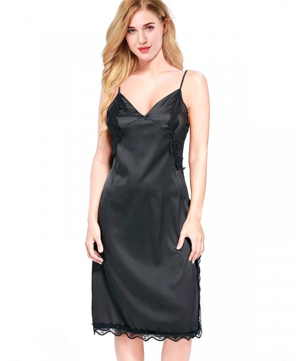 Women Sexy Split Nightgown Lace Splicing Chemise Satin Slip Sleepwear ...