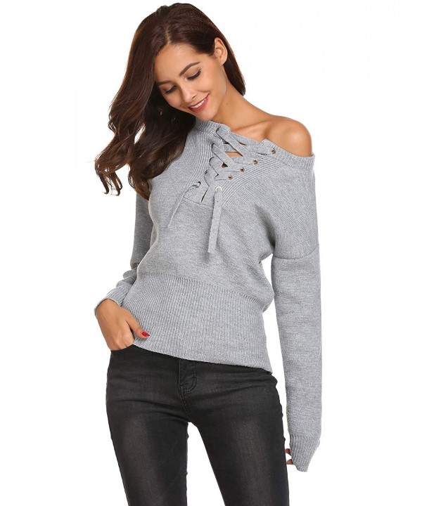 Women's Off Shoulder Long Sleeve Casual Pullover Sweater Knit Jumper ...