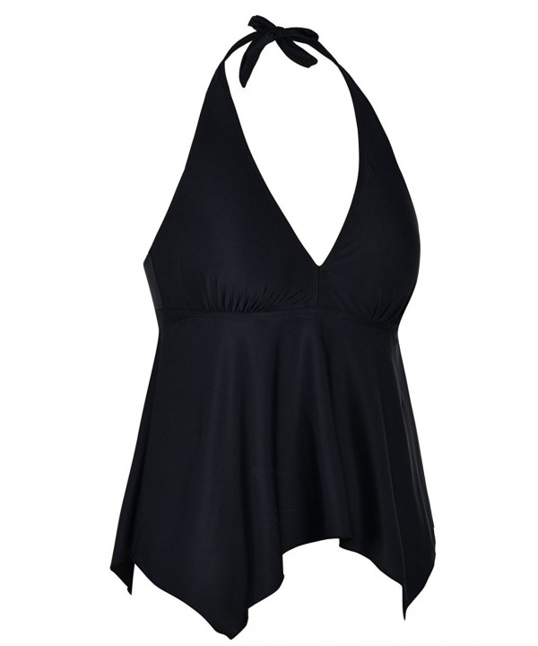 Women's Swimsuit Halter V Plunge Flowy Handkerchief Tankini Top - Black ...