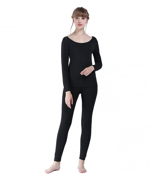 Women's Scoop Neck Thermal Underwear Long Johns Set - Black - CA186ZHX7NO