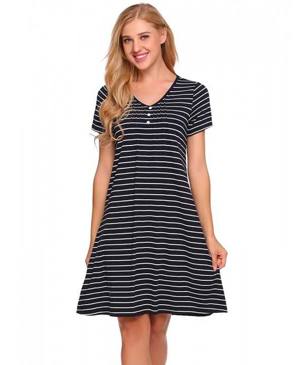 Womens Short Sleeve Striped Nightgown V Neck Buttons Sleepwear - Navy ...