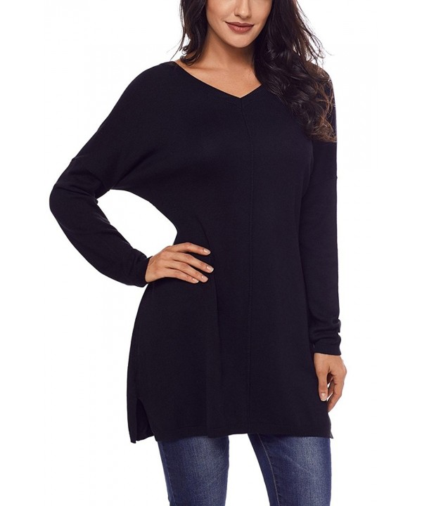 Women's Tunic Sweater Big V-Neck Pullover Loose Long Sleeve Side Split ...