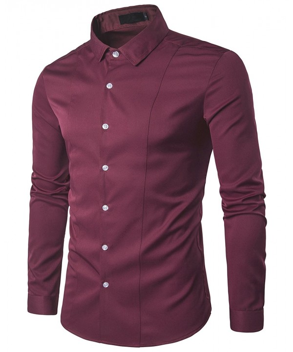 Casual Slim Fit Business Dress Shirt Solid Long Sleeve Shirt - Burgundy ...