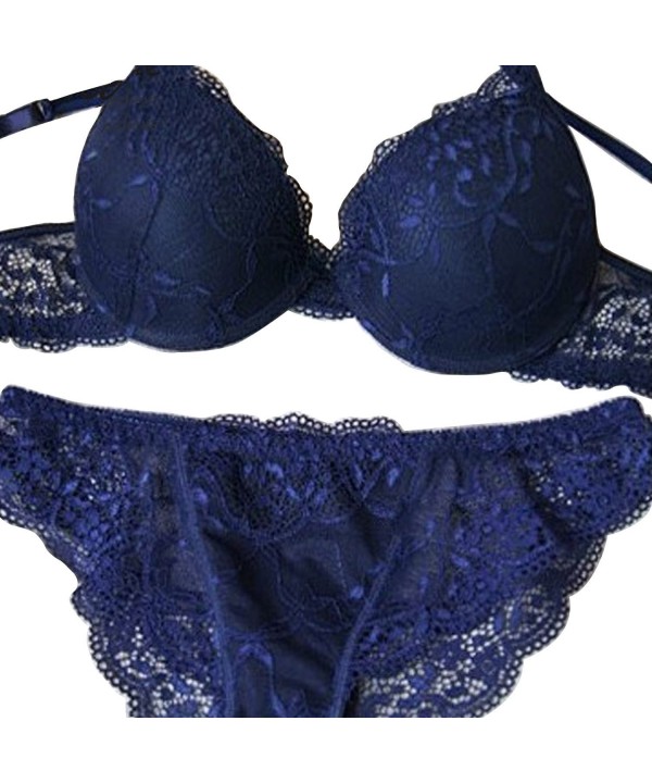 Bras Set- Women Embroidery Lace Lingerie Bra and Panties - Dark Blue ...