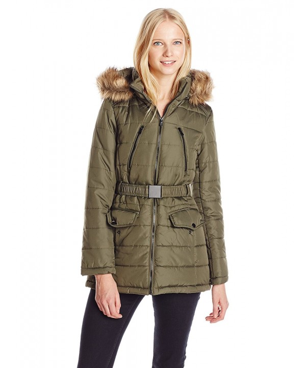 Juniors' Belted Puffer Jacket With Faux Fur-Trim Hood - Grape Leaf ...