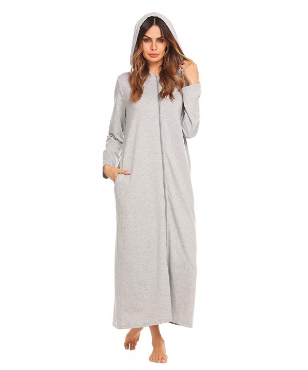 Women's Full Length Zip Robe Long Sleeve Hooded Bathrobe S-XXL - Grey ...