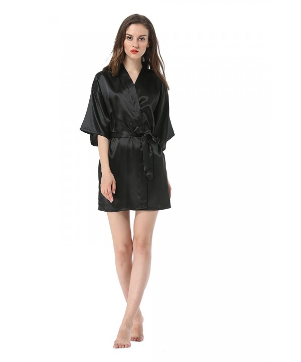 Women's Satin Plain Short Kimono Robe Bathrobe - Black - CX12O5LA8UB