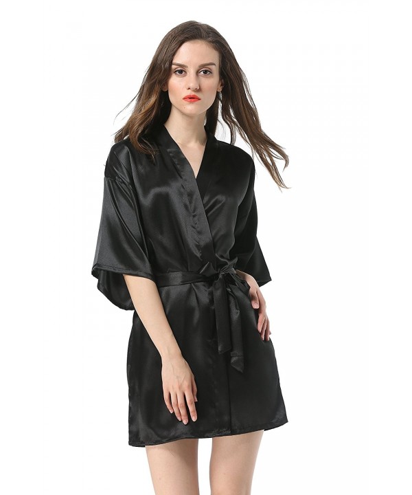 Women's Satin Plain Short Kimono Robe Bathrobe - Black - CX12O5LA8UB