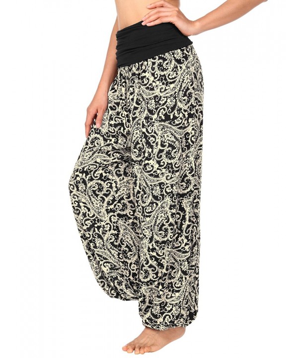 Women's Casual Floral Printed Elastic Waist Boho Harem Pants - Black ...