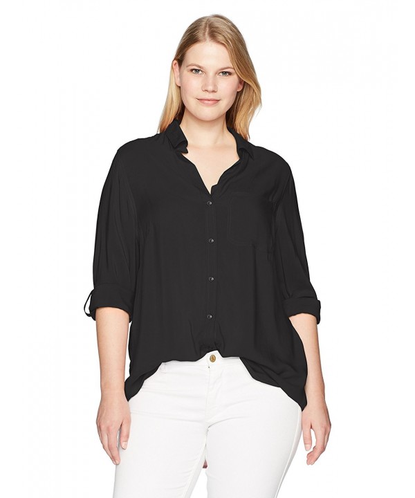 Women's Plus Size Elisa Tab Sleeve High Low Shirttail Hem - Black ...